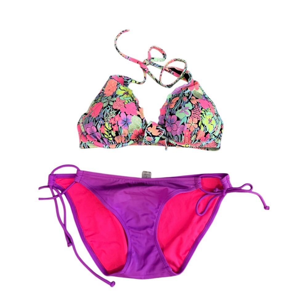 Victoria's Secret Floral Push Up Bikini Set 32D‎ Medium Purple Pink Tropical